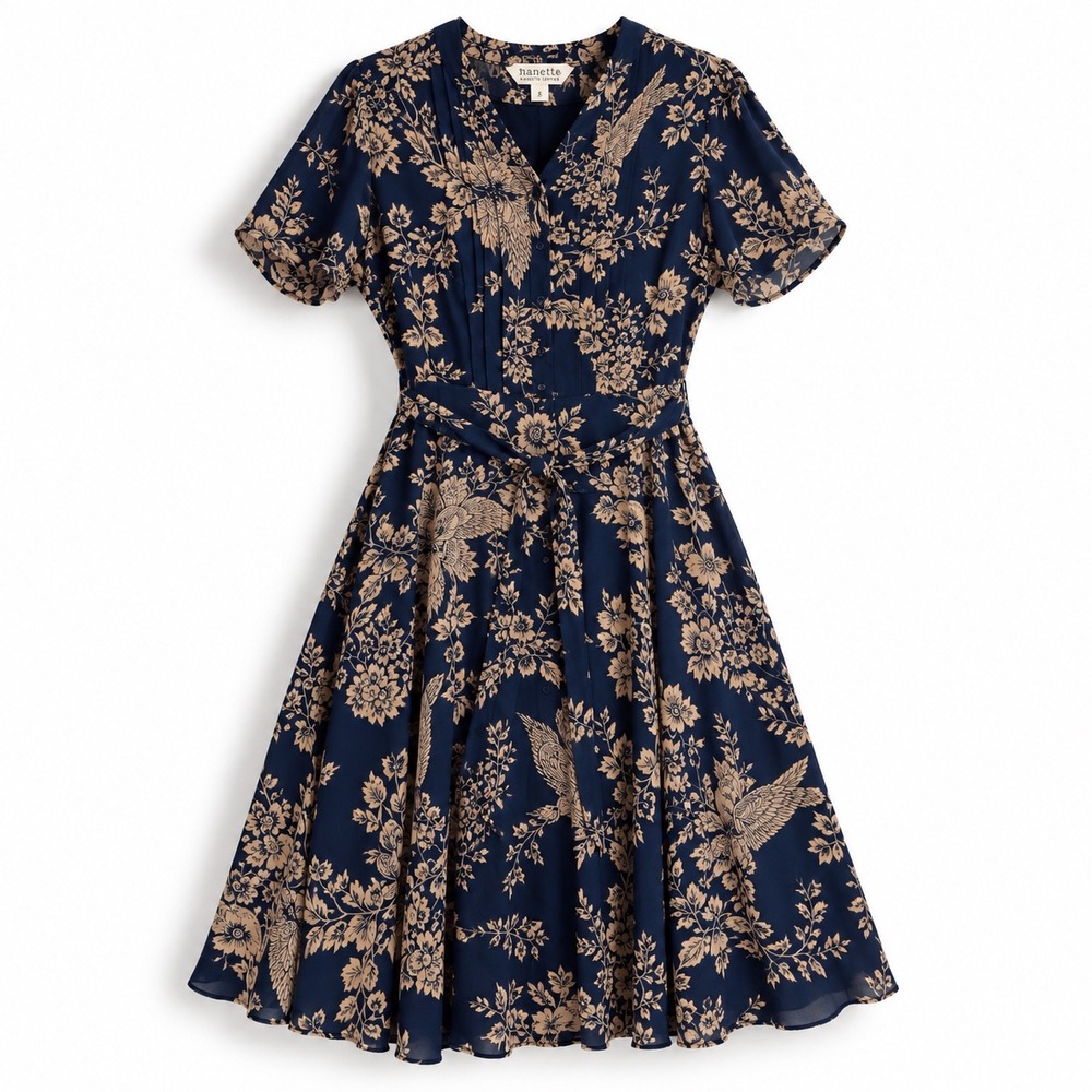 Nanette Lepore Size 8 Navy Floral Bird Print Belted Fit & Flare Midi Dress